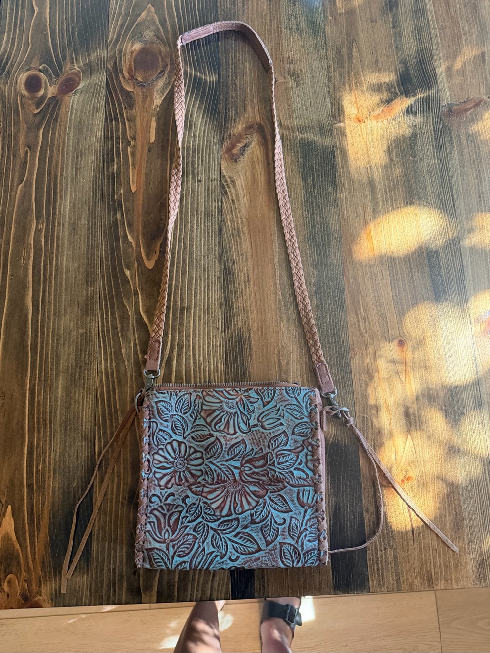 Handcrafted Floral Tooled Leather Crossbody Bag - Brown/Turquoise
